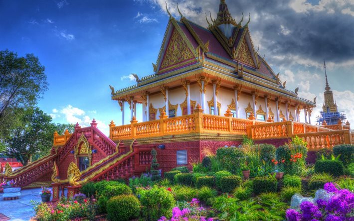 Aasiassa, Buddhalainen temppeli, kukkia, kes&#228;ll&#228;, Thaimaa, HDR