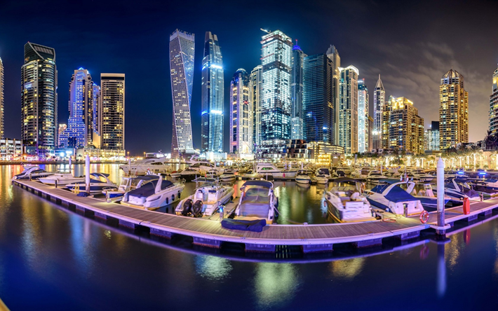 Dubai, UAE, night, yacht parking, boats, skyscrapers, night lights, Dubai Marina
