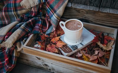 cup of coffee, latte, book, plaid, mood, wooden box