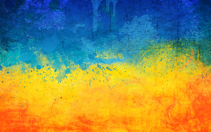Ukrainian flag, grunge, splashes of paint, flag of Ukraine, creative, Ukraine