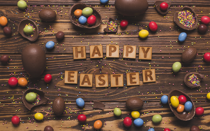 4k, Happy Easter, Easter sweets, easter decoration, chocolate eggs, Easter