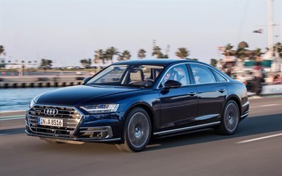 Audi A8, 2019, 4k, sedan de luxo, novo azul A8, Carros alem&#227;es, Audi
