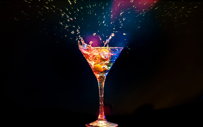 cocktail, un bicchiere da cocktail, schizzi, luce al neon, martini