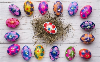 塗装のイースター卵, 装飾, イースター, 春, 巣, グレー基板, 塗装花卵