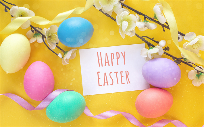 Happy Easter, 4k, spring, easter eggs, easter decoration, Easter