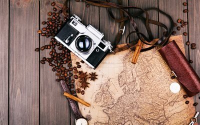 travel concepts, old map, travel location choice, camera, coffee beans