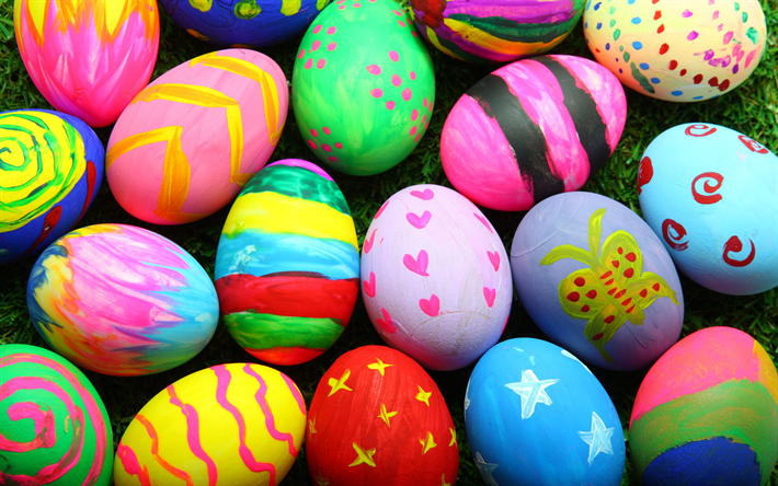 Happy eggs, 4k, spring, Easter, colorful eggs, easter decoration, Happy Easter
