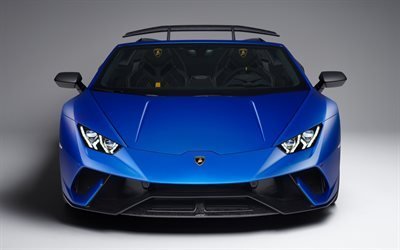 Lamborghini Huracan, 2018, Spyder Performante, supercar, vue de face, à l'extérieur, bleu nouveau Huracan, des voitures de sport italiennes, Lamborghini