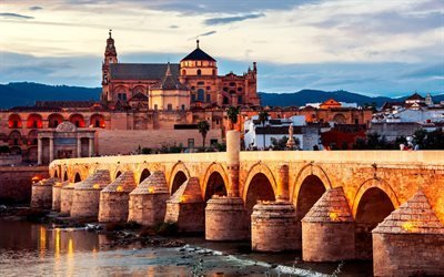 Roman Bridge, 4k, Guadalquivir River, italian landmarks, Andalusia, Cordoba, Italy, Europe