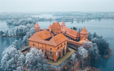 Castello dell&#39;Isola Trakai, antica, castello, castello brown, inverno, neve, Lituania, Lago Galve, Trakai