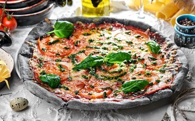 ピザ, 黒地, ペパロニ, イタリアンピザ, 高速食料の概念