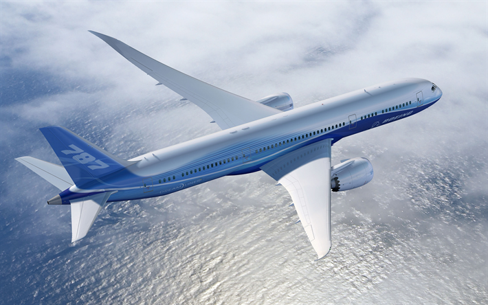 Boeing 787 Dreamliner, 4k, jet passenger plane, top view, air travel concepts, Boeing