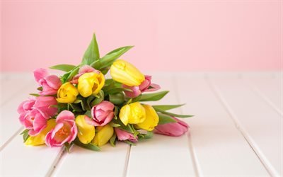la primavera ramo de flores, tulipanes amarillos, rosas tulipanes, fondo rosa, ramo de flores de primavera