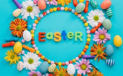 Happy Easter, April 2018, festive decoration, spring, Easter, colored Easter eggs, chocolate candies