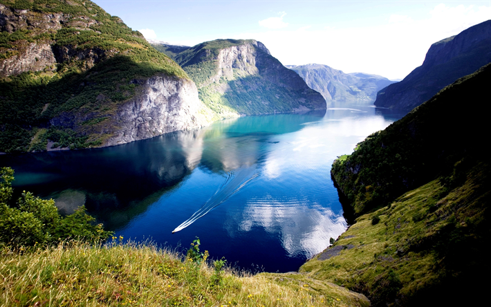 Naeroyfjord, 4k, Gudwangen, dağlar, fjord, Norve&#231;, Avrupa