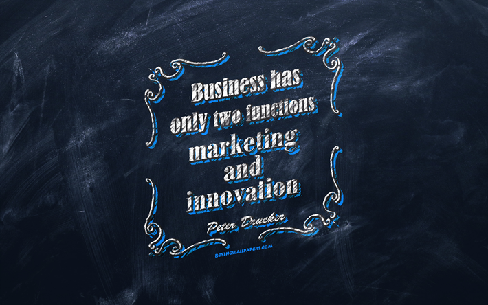 Di Business ha solo due funzioni di marketing e di innovazione, lavagna, Peter Drucker Citazioni, sfondo blu, business citazioni, ispirazione, Peter Drucker