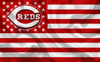 Cincinnati Reds, American baseball club, American creative flag, red and white flag, MLB, Cincinnati, Ohio, USA, logo, emblem, Major League Baseball, silk flag, baseball