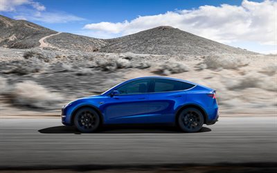 Tesla Model Y, 2021, side view, new blue Model Y, electric car, electric compact crossover, american electric cars, Tesla