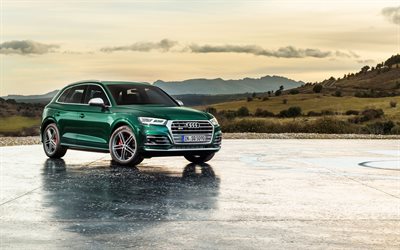 Audi SQ5, 2019, TFSI, front view, exterior, green crossover, new green Q5, german cars, Audi