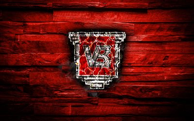 Vejle FC, fiery logo, Danish Superliga, red wooden background, danish football club, grunge, Vejle Boldklub, football, soccer, Vejle logo, fire texture, Denmark