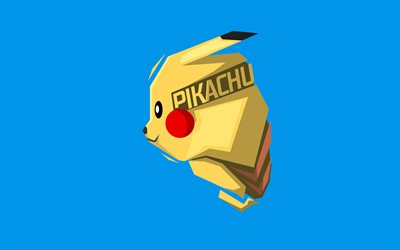 Pikachu, 4k, minimal, Pokemon, bl&#229; bakgrund, chubby gnagare, konstverk