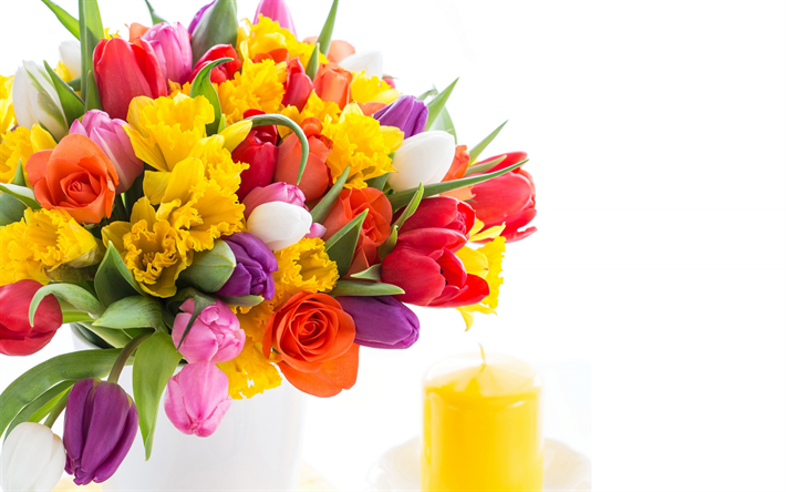 big spring bouquet, tulips, roses, beautiful multi-colored flowers, flowered background, multi-colored tulips, flowers on a white background