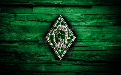 Werder Bremen FC, fiery logo, Bundesliga, green wooden background, german football club, grunge, SV Werder Bremen, football, soccer, Werder Bremen logo, fire texture, Germany