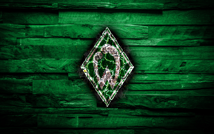 Werder Bremen FC, ateşli logo, Bundesliga, yeşil ahşap arka plan, Alman Futbol Kul&#252;b&#252;, grunge, SV Werder Bremen, futbol, Werder Bremen logo, yangın doku, Almanya