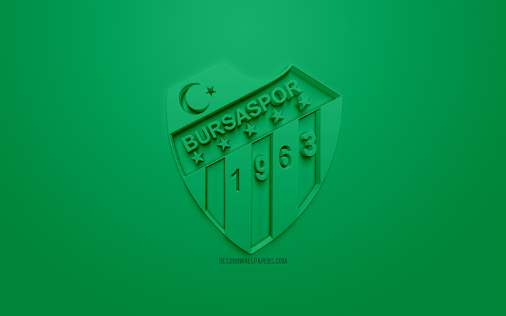 Bursaspor, kreativa 3D-logotyp, gr&#246;n bakgrund, 3d-emblem, Turkish football club, SuperLig, Bursa, Turkiet, Turkiska Super League, 3d-konst, fotboll, 3d-logotyp