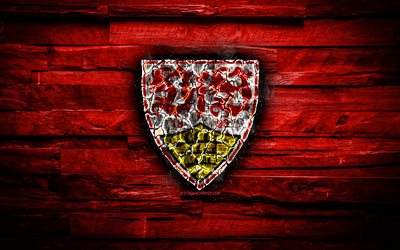 Stuttgart FC, fiery logo, Bundesliga, red wooden background, german football club, grunge, VfB Stuttgart, football, soccer, Stuttgart logo, fire texture, Germany