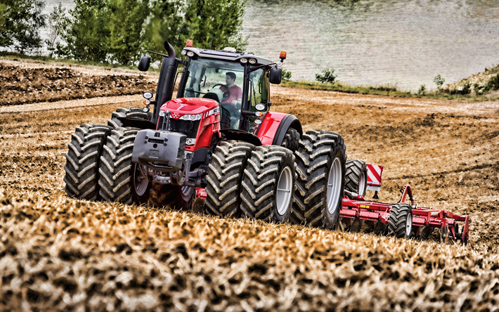 Massey Ferguson MF 8737, 4k, plowing field, 2019 tractors, crawler, agricultural machinery, harvest, red tractor, HDR, agriculture, tractor in the field, Massey Ferguson