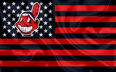 Cleveland Indians, American baseball club, American creative flag, red blue flag, MLB, Cleveland, Ohio, USA, emblem, Major League Baseball, silk flag, baseball