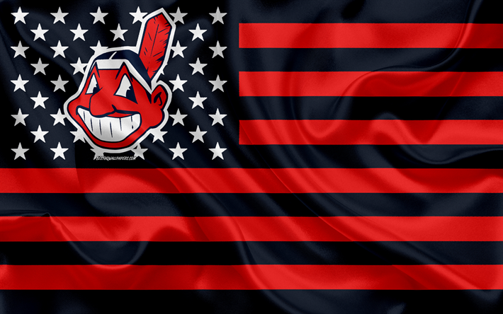 Cleveland Indians, Americana de beisebol clube, American criativo bandeira, vermelho bandeira azul, MLB, Cleveland, Ohio, EUA, emblema, Major League Baseball, seda bandeira, beisebol