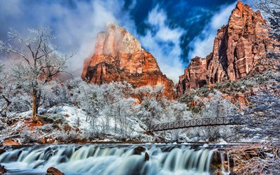 Estados UNIDOS, el parque nacional Zion, el invierno, la cascada, la hermosa naturaleza, monta&#241;as, american monumentos, Utah, HDR, estados unidos, paisajes de invierno