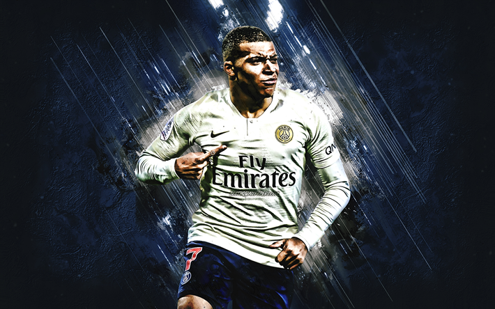 Kylian Mbappe, PSG, calciatore francese, giovane stella del calcio, il Paris Saint-Germain, attaccante, numero 7, Ligue 1, Francia, calcio, creativo, arte, creativo blu di sfondo