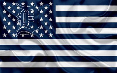 Detroit Tigers, American baseball club, American creative flag, blue white flag, MLB, Detroit, Michigan, USA, emblem, Major League Baseball, silk flag, baseball