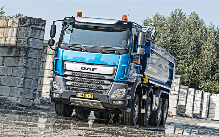 DAF CF, 2019, dump truck, mining truck, new blue CF, front view, exterior, stone transportation, cargo delivery, sand delivery