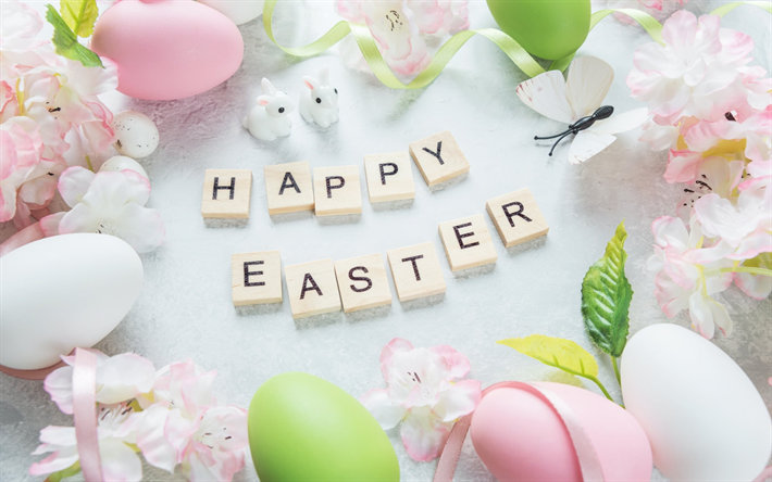 Download wallpapers Happy easter, white easter background, pink easter  eggs, spring flowers, Easter for desktop free. Pictures for desktop free