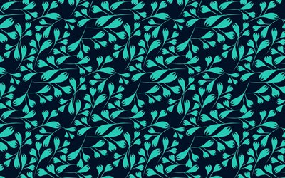 turquoise floral background, flower ornament, blue texture with green flowers, creative color background, flowers pattern