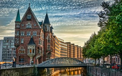 Hamburg, 4k, sokak, nehir Elbe, akşam, yaz, Almanya, Avrupa