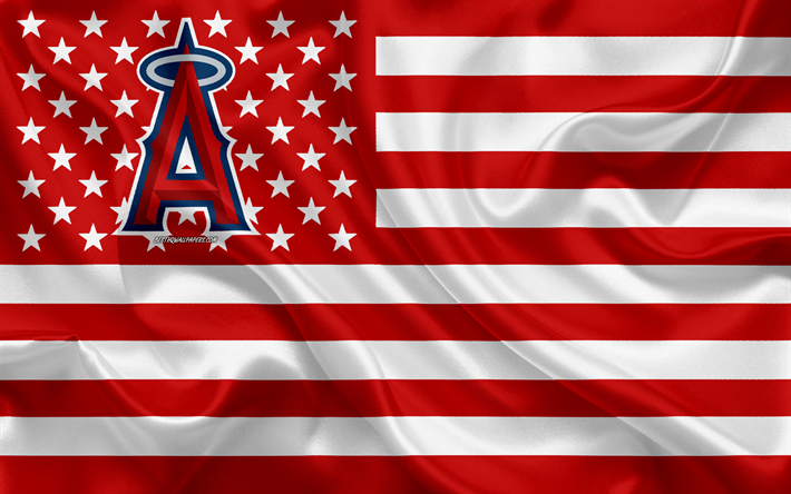 Los Angeles Angels, American baseball club, American creative flag, red and white flag, MLB, Anaheim, California, USA, logo, emblem, Major League Baseball, silk flag, baseball