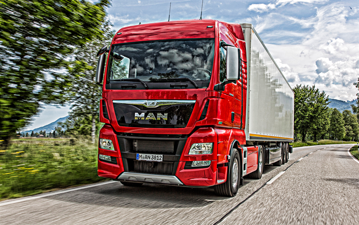 MAN TGX, 2019, rosso, camion con rimorchio, camion sulla strada, nuovo rosso TGX, consegna concetti, trasporto merci, l&#39;UOMO