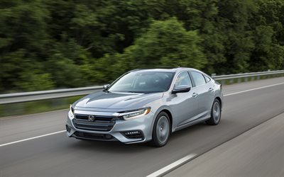2019, Honda Insight Touring, Hybrid, exterior, new silver Insight, front view, car on the road, japanese cars