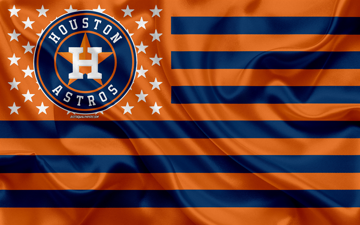 Houston Astros, Americana de beisebol clube, American criativo bandeira, laranja bandeira azul, MLB, Houston, Texas, EUA, logo, emblema, Major League Baseball, seda bandeira, beisebol