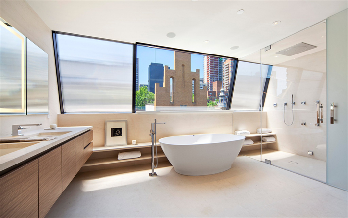 stylish bathroom interior, modern interior design, bathroom with large windows, stylish interior