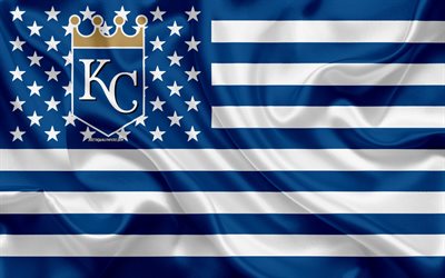 Kansas City Royals, American baseball club, American creative flag, blue white flag, MLB, Kansas City, Missouri, USA, emblem, Major League Baseball, silk flag, baseball