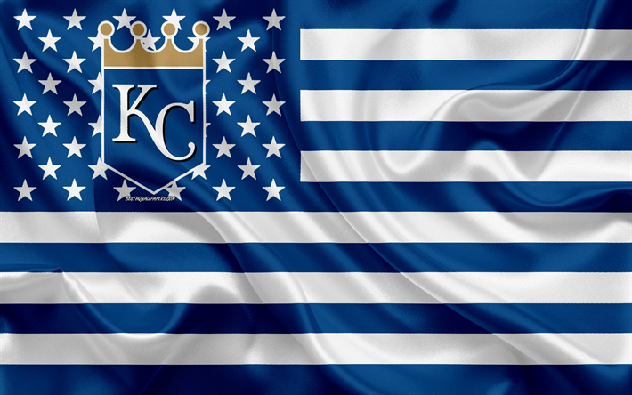 Kansas City Royals, Amerikansk baseball club, Amerikansk kreativa flagga, bl&#229;-vit flagga, MLB, Kansas City, Missouri, USA, emblem, Major League Baseball, silk flag, baseball