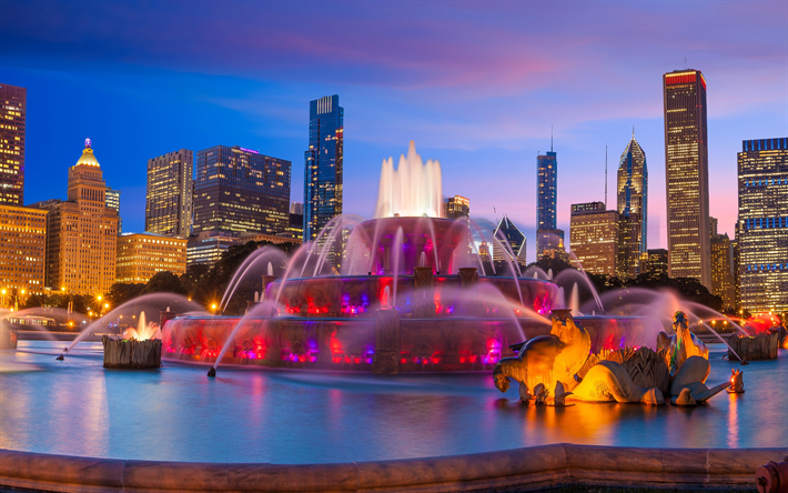 Buckingham Fountain, Chicago, Grand Park, evening, beautiful fountain, cityscape, skyscrapers, Illinois, USA