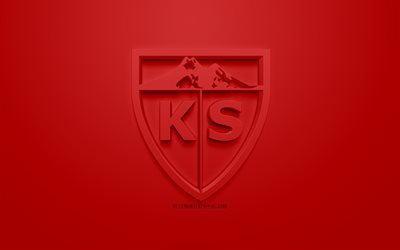 Kayserispor, creative 3D logo, red background, 3d emblem, Turkish football club, SuperLig, Kayseri, Turkey, Turkish Super League, 3d art, football, 3d logo