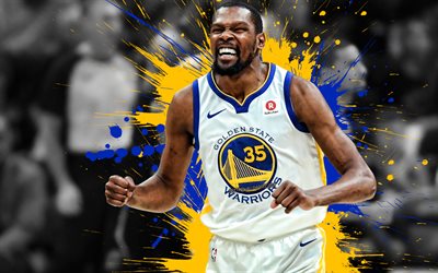 Kevin Durant, American basketball player, Golden State Warriors, blue yellow paint splashes, creative art, NBA, USA, basketball, National Basketball Association, grunge